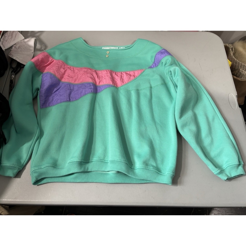 Vtg Goola Gong Color Block Sweater 80s L Aqua